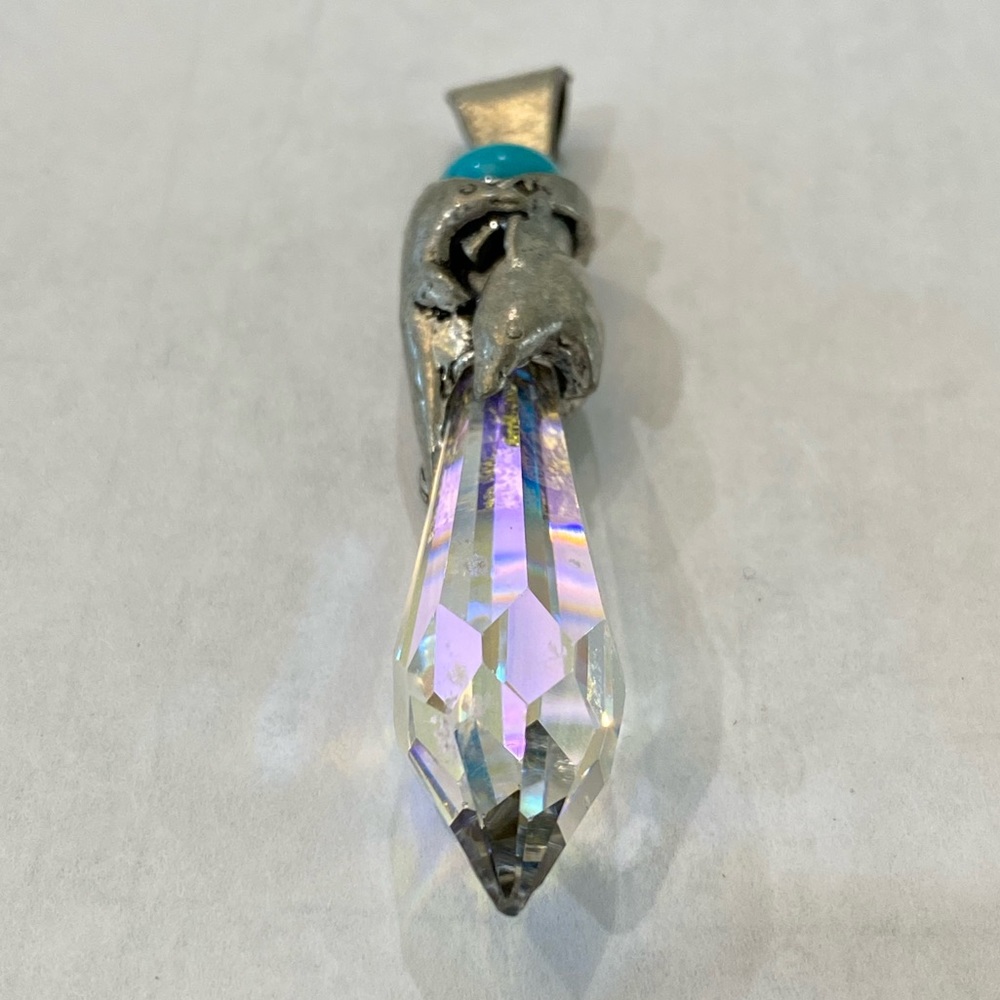 Silver Quartz Crystal Turquoise Pendant Necklace dolphins vintage signed - Picture 7 of 14